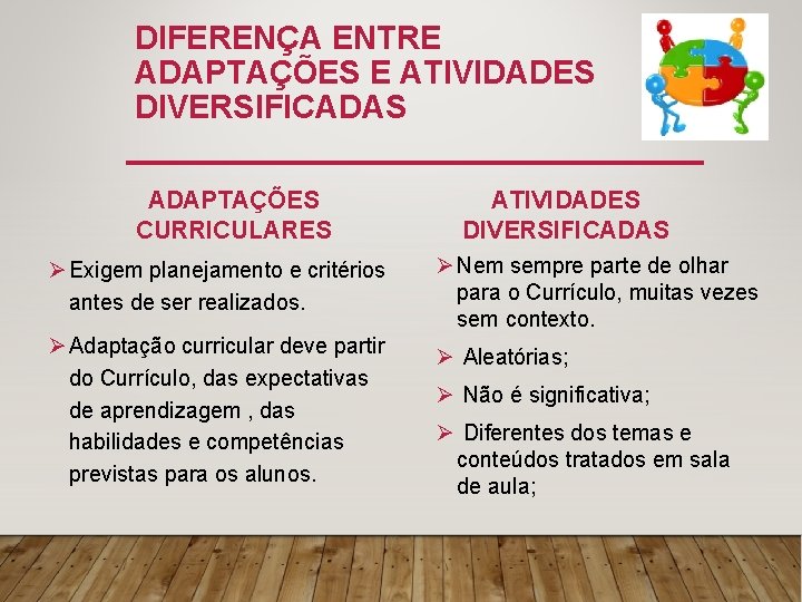 DIFERENÇA ENTRE ADAPTAÇÕES E ATIVIDADES DIVERSIFICADAS ADAPTAÇÕES CURRICULARES Ø Exigem planejamento e critérios antes