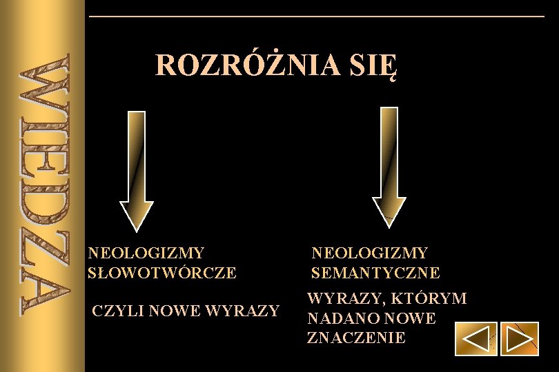 ROZRÓŻNIA SIĘ NEOLOGIZMY SŁOWOTWÓRCZE NEOLOGIZMY SEMANTYCZNE CZYLI NOWE WYRAZY, KTÓRYM NADANO NOWE ZNACZENIE 