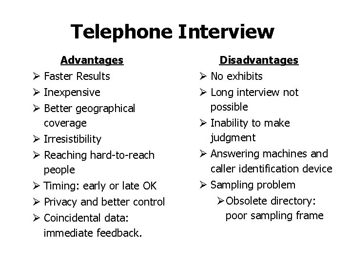 Telephone Interview Advantages Ø Faster Results Ø Inexpensive Ø Better geographical coverage Ø Irresistibility