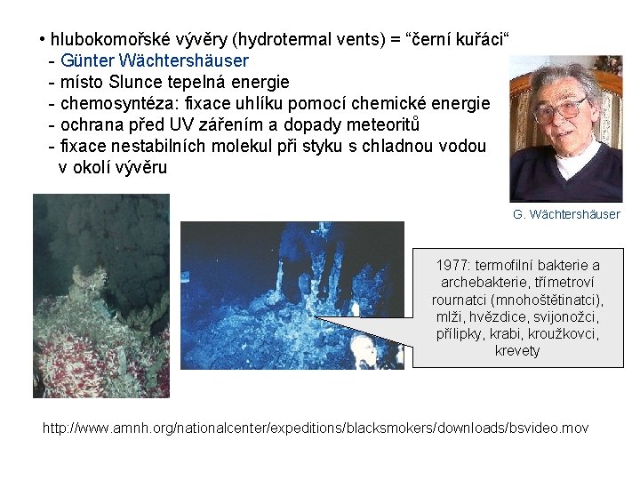 • hlubokomořské vývěry (hydrotermal vents) = “černí kuřáci“ - Günter Wächtershäuser - místo • hlubokomořské vývěry (hydrotermal vents) = “černí kuřáci“ - Günter Wächtershäuser - místo