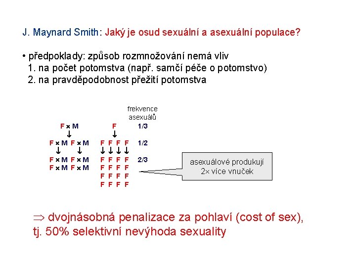 J. Maynard Smith: Jaký je osud sexuální a asexuální populace? • předpoklady: způsob rozmnožování J. Maynard Smith: Jaký je osud sexuální a asexuální populace? • předpoklady: způsob rozmnožování