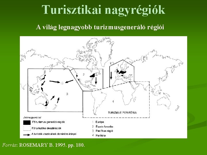 Turisztikai nagyrégiók A világ legnagyobb turizmusgeneráló régiói Forrás: ROSEMARY B. 1995. pp. 180. 