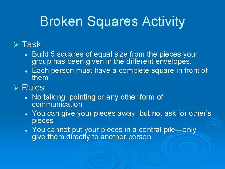 Broken Squares Activity Ø Task l l Ø Build 5 squares of equal size Broken Squares Activity Ø Task l l Ø Build 5 squares of equal size