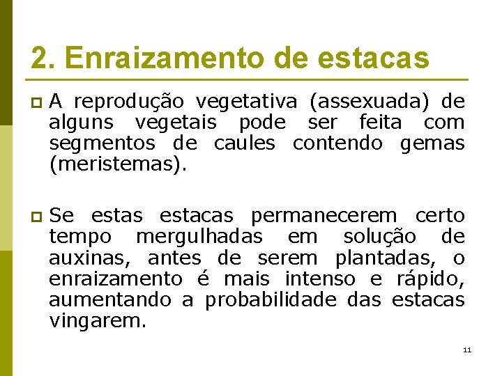 2. Enraizamento de estacas p A reprodução vegetativa (assexuada) de alguns vegetais pode ser