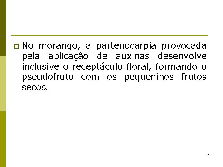 p No morango, a partenocarpia provocada pela aplicação de auxinas desenvolve inclusive o receptáculo