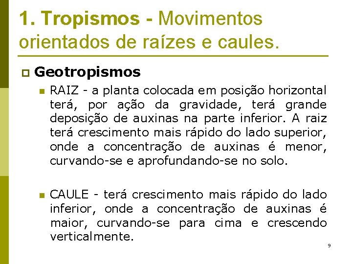 1. Tropismos - Movimentos orientados de raízes e caules. p Geotropismos n RAIZ -