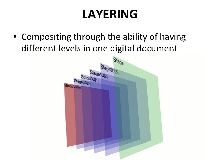 LAYERING • Compositing through the ability of having different levels in one digital document