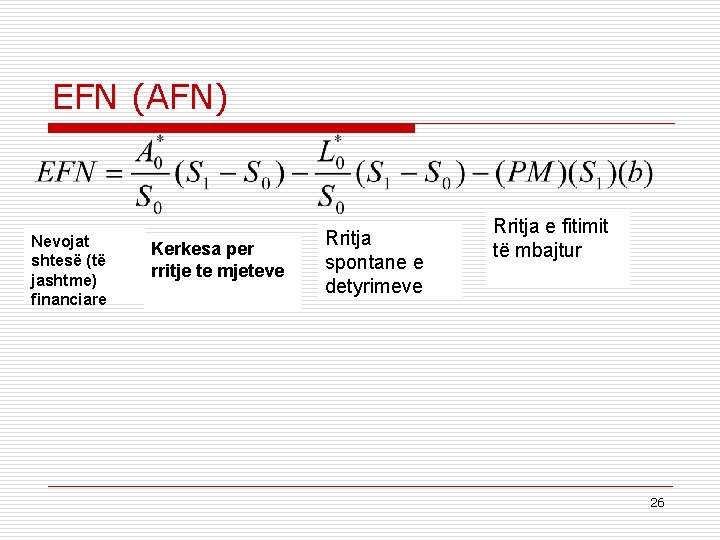 EFN (AFN) Nevojat shtesë (të jashtme) financiare Kerkesa per rritje te mjeteve Rritja spontane