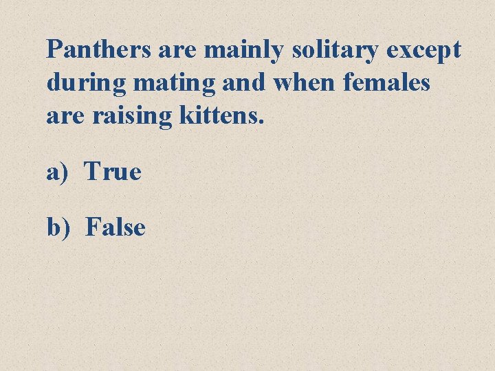 Panthers are mainly solitary except during mating and when females are raising kittens. a)