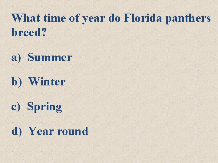 What time of year do Florida panthers breed? a) Summer b) Winter c) Spring