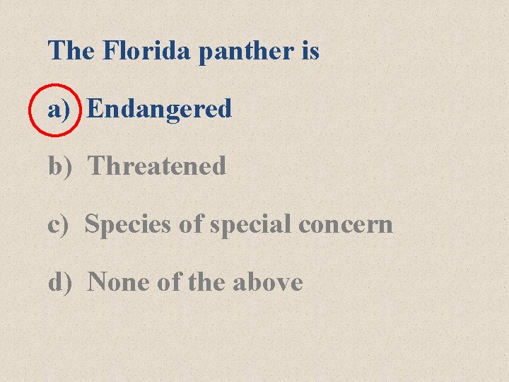 The Florida panther is a) Endangered b) Threatened c) Species of special concern d)