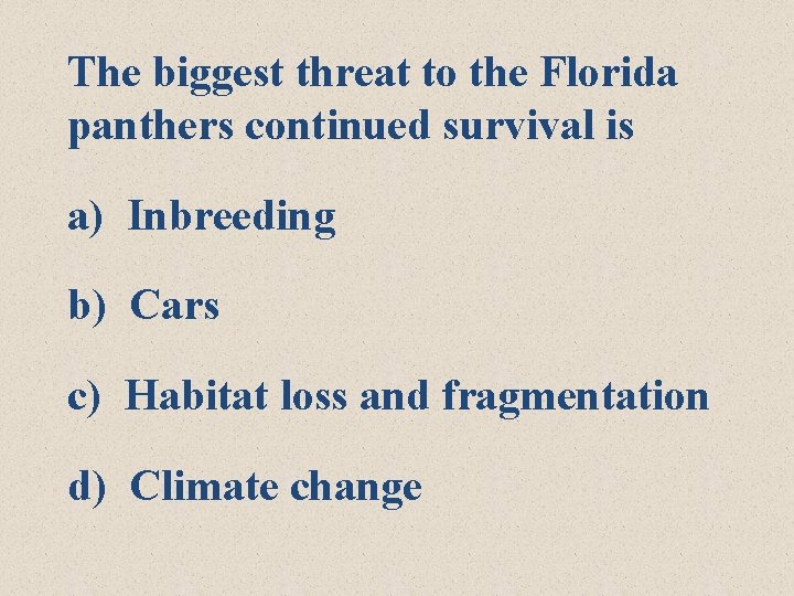 The biggest threat to the Florida panthers continued survival is a) Inbreeding b) Cars The biggest threat to the Florida panthers continued survival is a) Inbreeding b) Cars