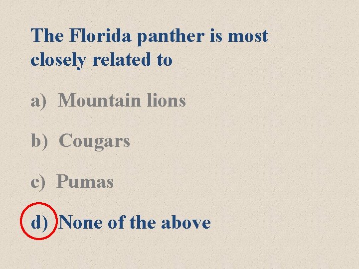 The Florida panther is most closely related to a) Mountain lions b) Cougars c)