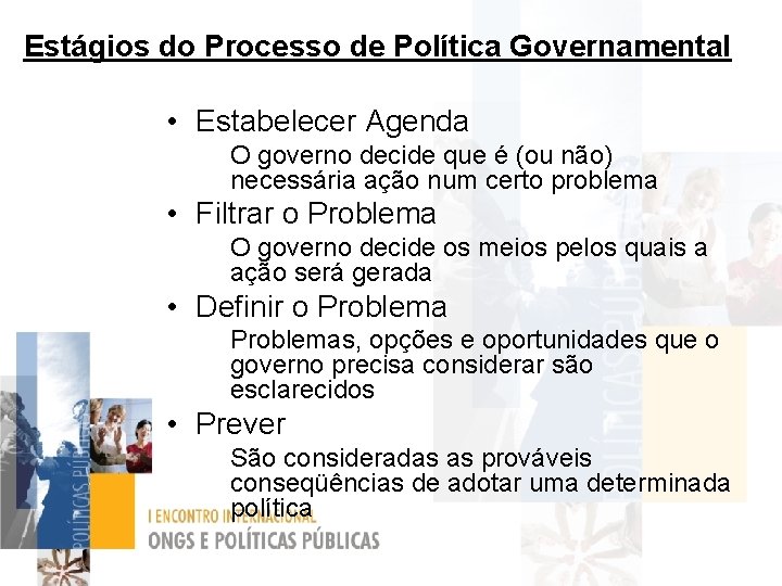 Estágios do Processo de Política Governamental • Estabelecer Agenda O governo decide que é