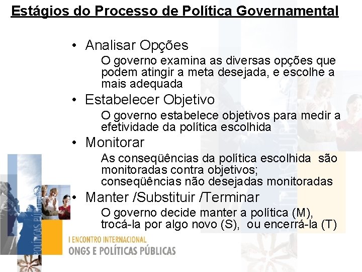 Estágios do Processo de Política Governamental • Analisar Opções O governo examina as diversas