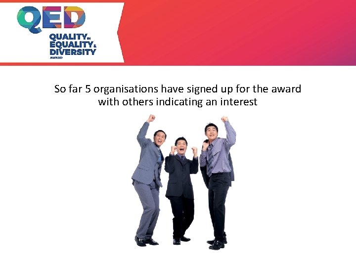 So far 5 organisations have signed up for the award with others indicating an