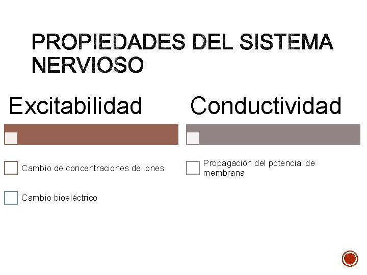 Excitabilidad Cambio de concentraciones de iones Cambio bioeléctrico Conductividad Propagación del potencial de membrana Excitabilidad Cambio de concentraciones de iones Cambio bioeléctrico Conductividad Propagación del potencial de membrana