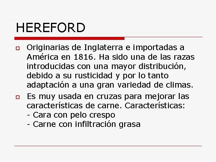 HEREFORD o o Originarias de Inglaterra e importadas a América en 1816. Ha sido