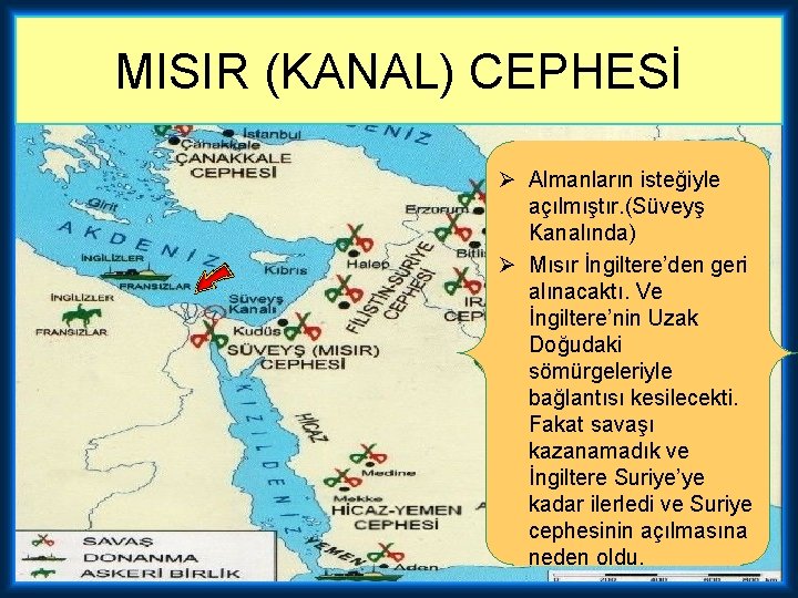 MISIR (KANAL) CEPHESİ Ø Almanların isteğiyle açılmıştır. (Süveyş Kanalında) Ø Mısır İngiltere’den geri alınacaktı.