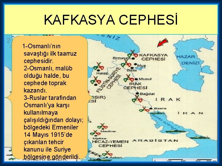 KAFKASYA CEPHESİ 1 -Osmanlı’nın savaştığı ilk taarruz cephesidir. 2 -Osmanlı, malüb olduğu halde, bu