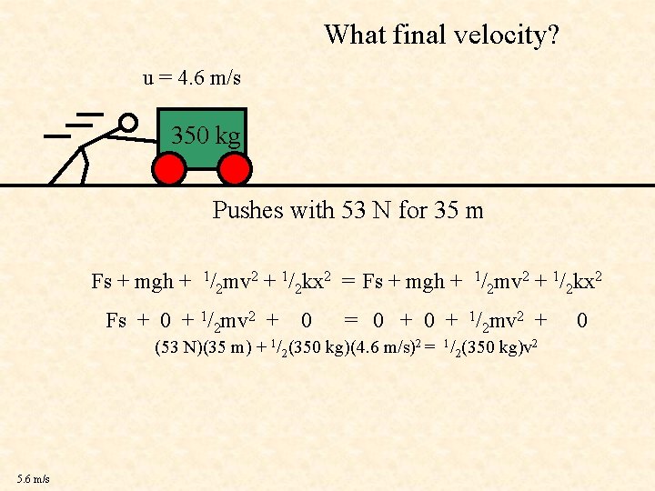 What final velocity? u = 4. 6 m/s 350 kg Pushes with 53 N