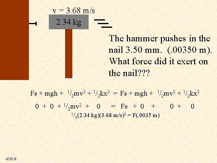 v = 3. 68 m/s 2. 34 kg The hammer pushes in the nail