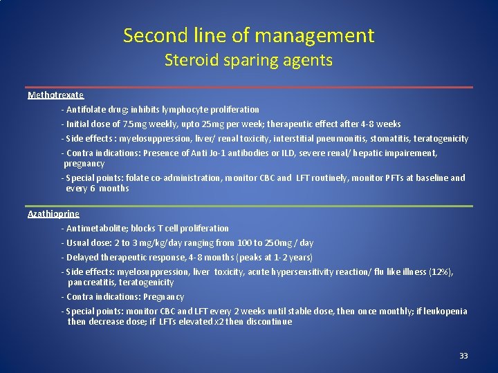 Second line of management Steroid sparing agents Methotrexate - Antifolate drug; inhibits lymphocyte proliferation