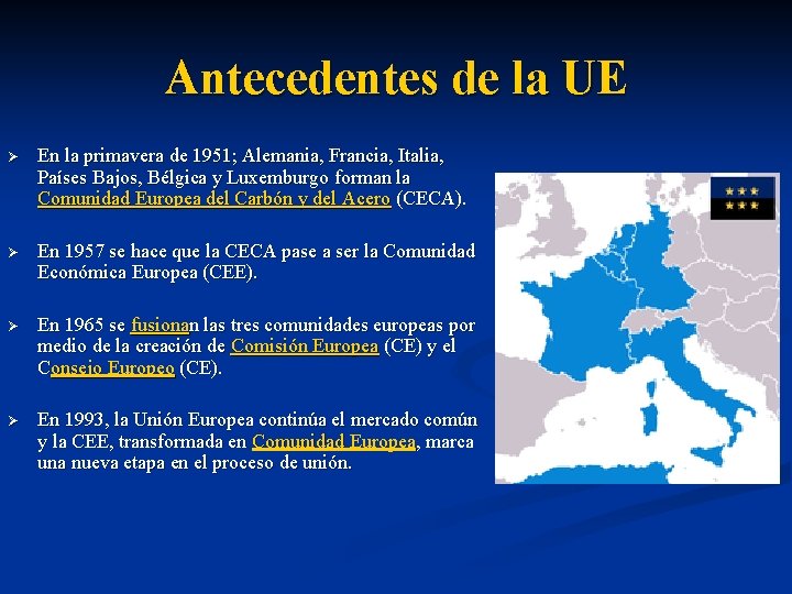 Antecedentes de la UE Ø En la primavera de 1951; Alemania, Francia, Italia, Países