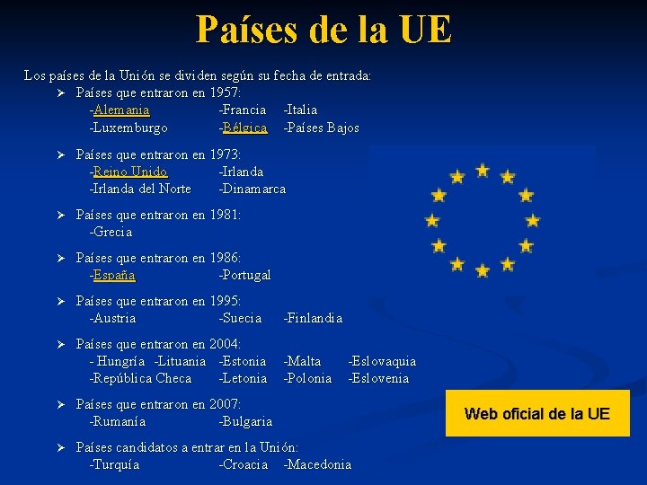 Países de la UE Los países de la Unión se dividen según su fecha