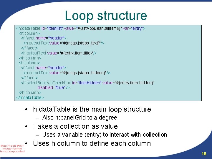 Loop structure <h: data. Table id="itemlist” value="#{Jsf. App. Bean. all. Items}” var="entry"> <h: column>