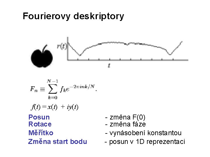 Fourierovy deskriptory f(t) = x(t) + iy(t) Posun Rotace Měřítko Změna start bodu -