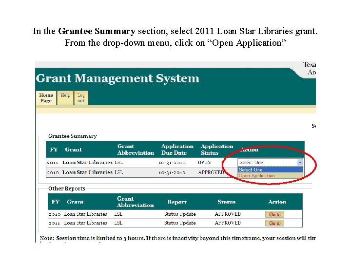 In the Grantee Summary section, select 2011 Loan Star Libraries grant. From the drop-down