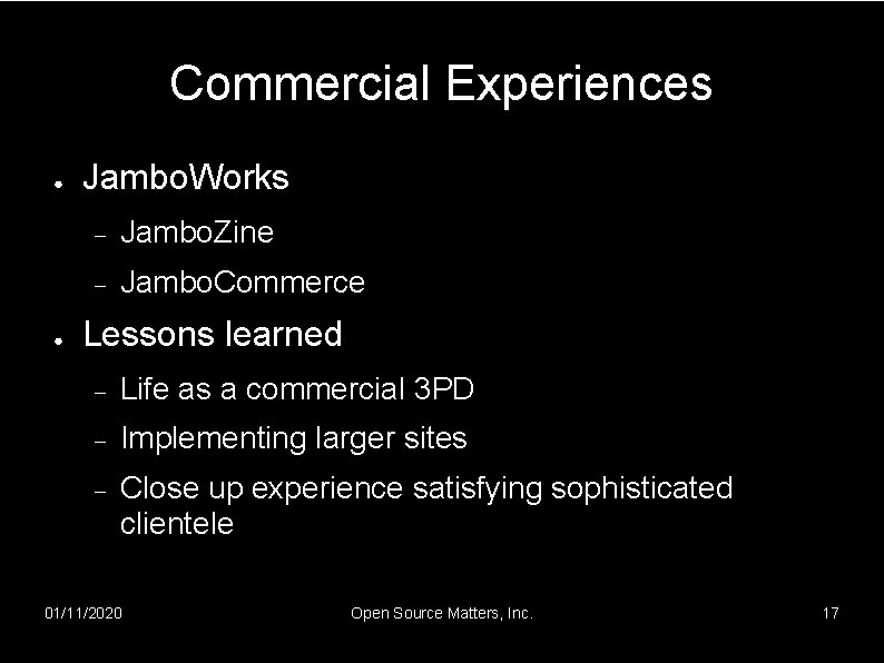 Commercial Experiences ● ● Jambo. Works Jambo. Zine Jambo. Commerce Lessons learned Life as
