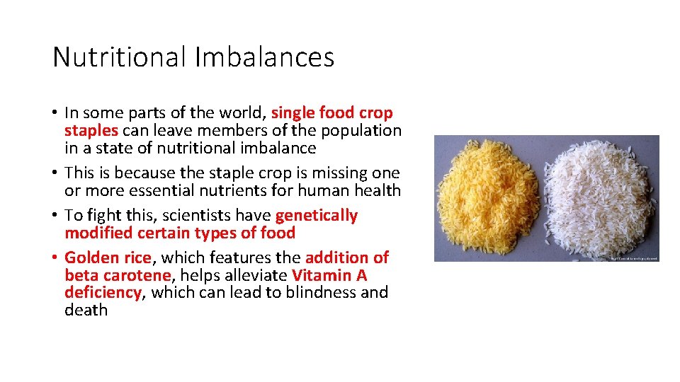Nutritional Imbalances • In some parts of the world, single food crop staples can