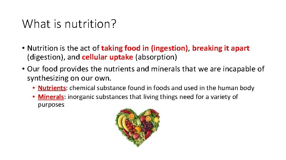 What is nutrition? • Nutrition is the act of taking food in (ingestion), breaking