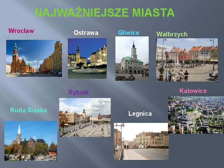 NAJWAŻNIEJSZE MIASTA Wrocław Ostrawa Gliwice Katowice Rybnik Ruda Śląska Wałbrzych Legnica 