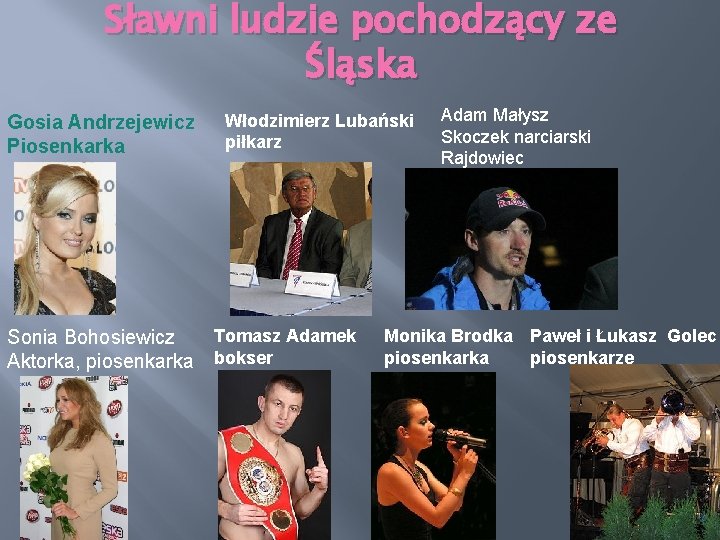 Sławni ludzie pochodzący ze Śląska Gosia Andrzejewicz Piosenkarka Sonia Bohosiewicz Aktorka, piosenkarka Włodzimierz Lubański