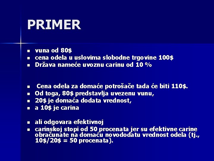 PRIMER n n n n n vuna od 80$ cena odela u uslovima slobodne