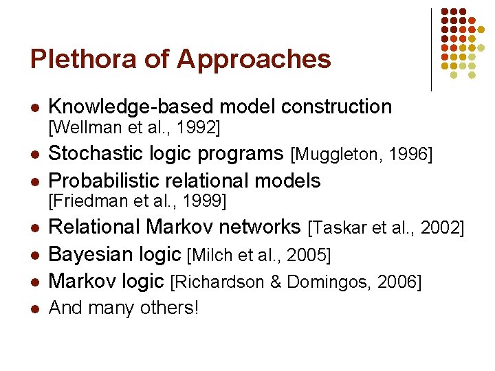 Plethora of Approaches l Knowledge-based model construction [Wellman et al. , 1992] l l