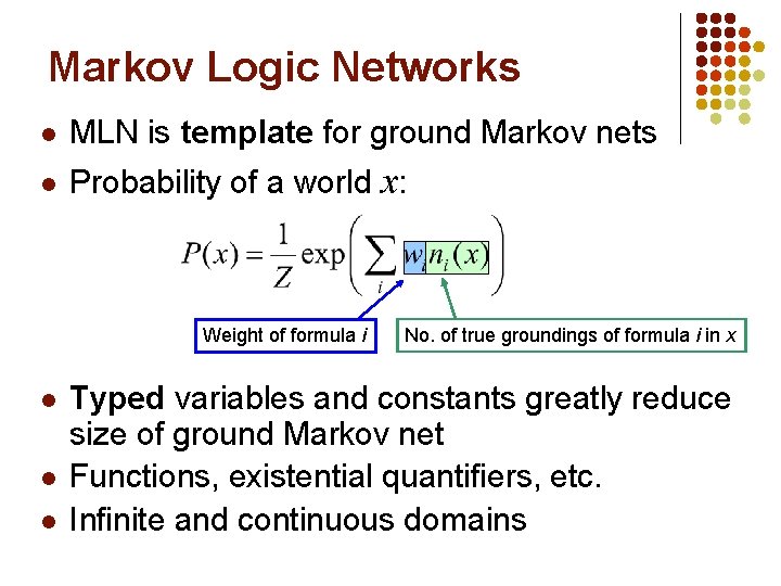 Markov Logic Networks l MLN is template for ground Markov nets l Probability of