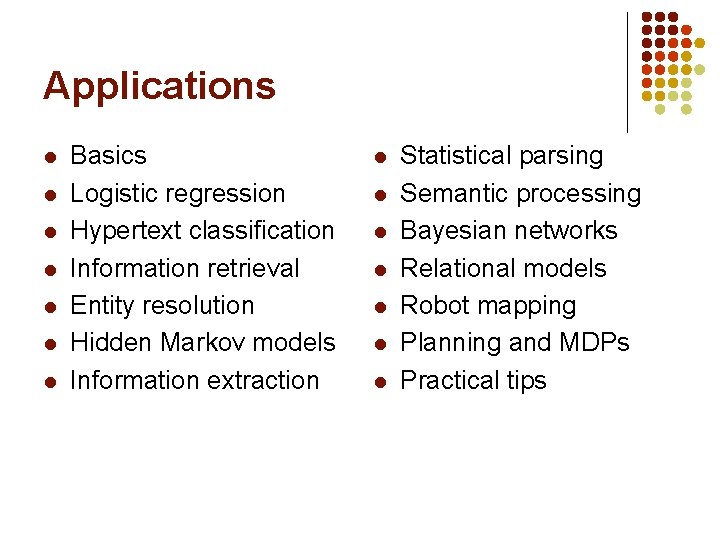 Applications l l l l Basics Logistic regression Hypertext classification Information retrieval Entity resolution