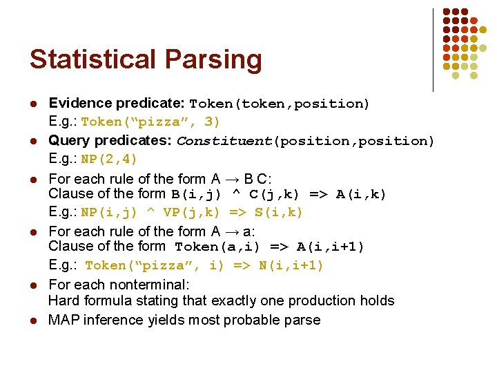 Statistical Parsing l l l Evidence predicate: Token(token, position) E. g. : Token(“pizza”, 3)