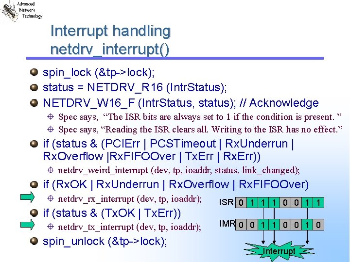 Interrupt handling netdrv_interrupt() spin_lock (&tp->lock); status = NETDRV_R 16 (Intr. Status); NETDRV_W 16_F (Intr. Interrupt handling netdrv_interrupt() spin_lock (&tp->lock); status = NETDRV_R 16 (Intr. Status); NETDRV_W 16_F (Intr.