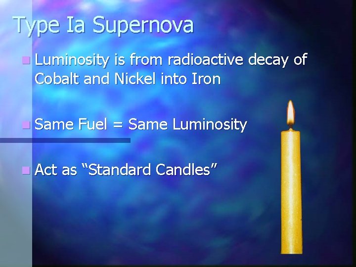 Type Ia Supernova n Luminosity is from radioactive decay of Cobalt and Nickel into