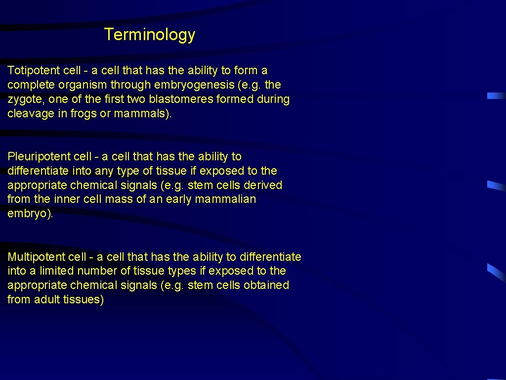 Terminology Totipotent cell - a cell that has the ability to form a complete