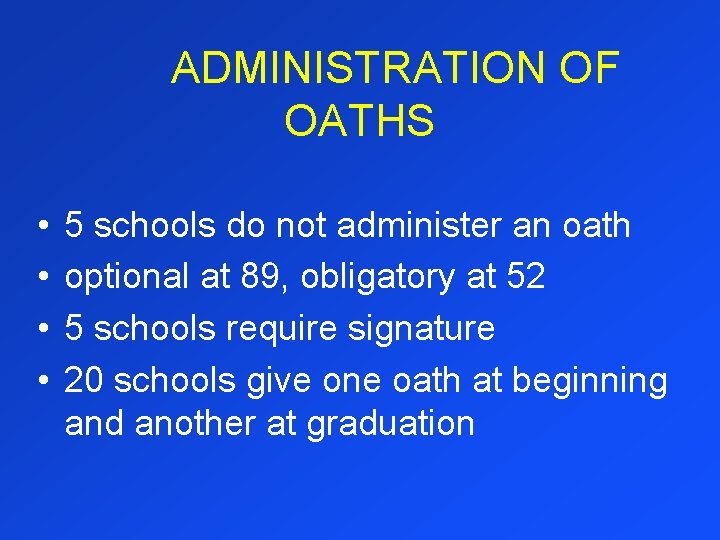 ADMINISTRATION OF OATHS • • 5 schools do not administer an oath optional at