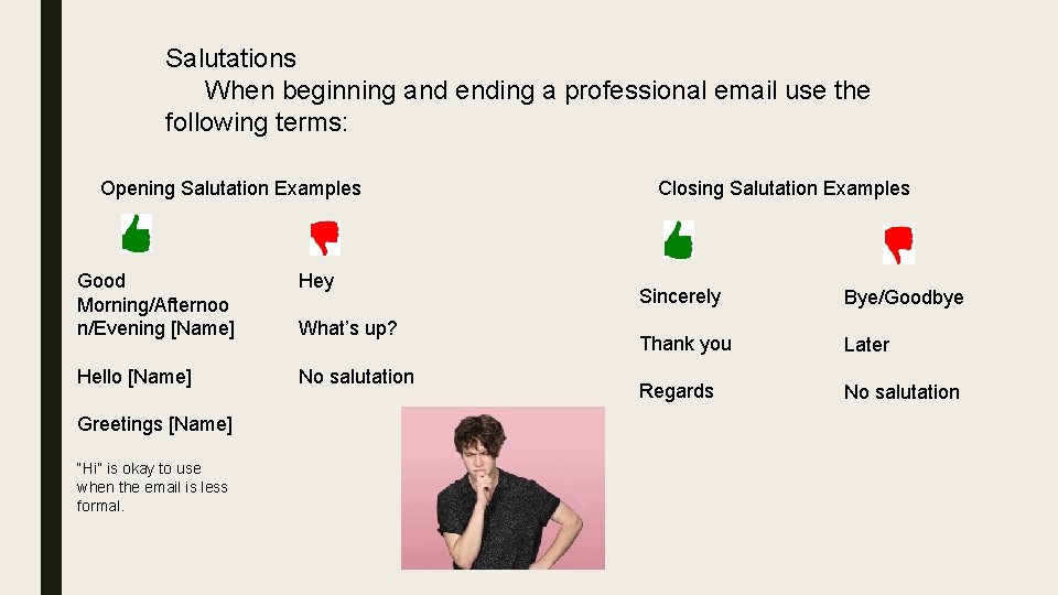 Salutations When beginning and ending a professional email use the following terms: Opening Salutation