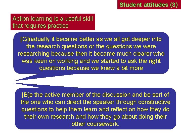 Student attitudes (3) Action learning is a useful skill that requires practice [G]radually it