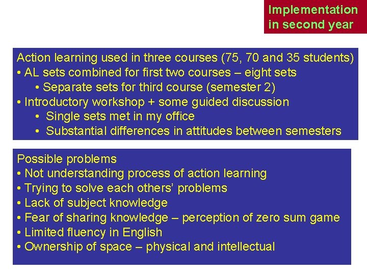 Implementation in second year Action learning used in three courses (75, 70 and 35 Implementation in second year Action learning used in three courses (75, 70 and 35