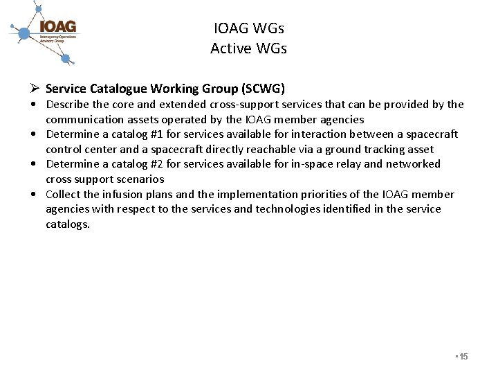 IOAG WGs Active WGs Ø Service Catalogue Working Group (SCWG) • Describe the core